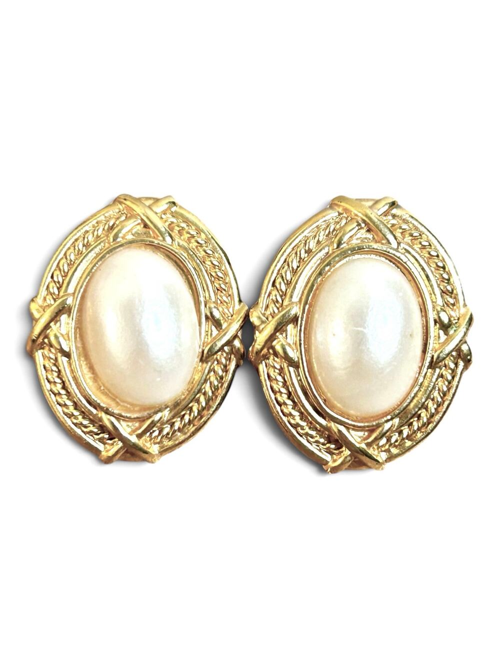 Vintage 80s Faux Pearl Gold Tone Post Earrings Oval Criss Cross Rope Border
